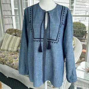 JCrew Mercantile Chambray Embroidered Peasant Pullover Tassel Tie L